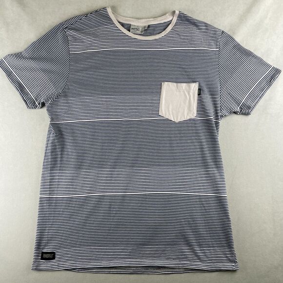 WeSC Shirt Mens X-Large Blue White Striped Doug Pocket Crewneck Tee Short Sleeve - Picture 1 of 8